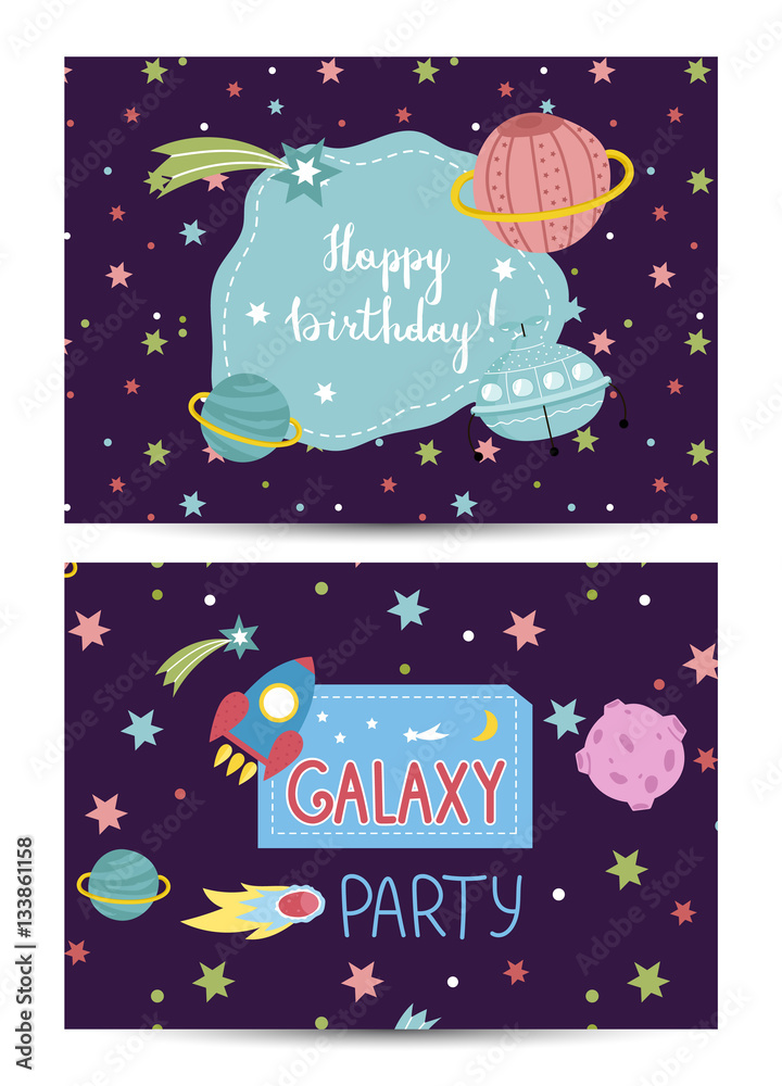 Happy birthday cartoon greeting card on space theme. Colorful stars, planets, meteorite, comet, flying saucer, rocket vector illustrations on blue background. Invitation on childrens costumed party