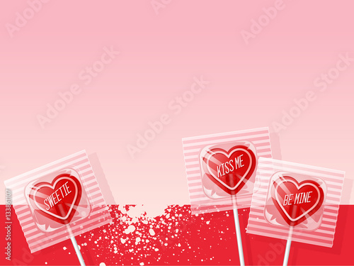 Red valentine heart shaped lollipops on pink background. Retro candy design with space for text. Vertical template.