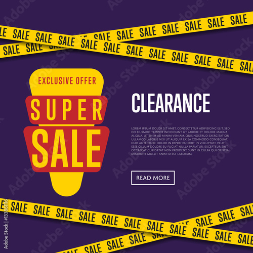 Super sale website template vector illustration. Price clearance banner, exclusive offer promo, advertisement retail flyer, exclusive price ad, special discount. Modern graphic style sale concept