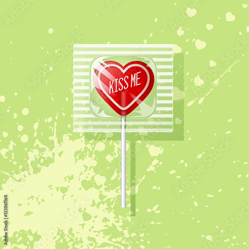 Valentine heart shaped lollipop on green background. Retro candy design, kiss me.