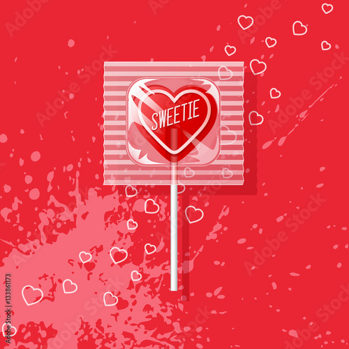 Valentine heart shaped lollipop on red background. Retro candy design, sweetie.
