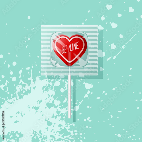 Valentine heart shaped lollipop on aqua background. Retro candy design, be mine.
