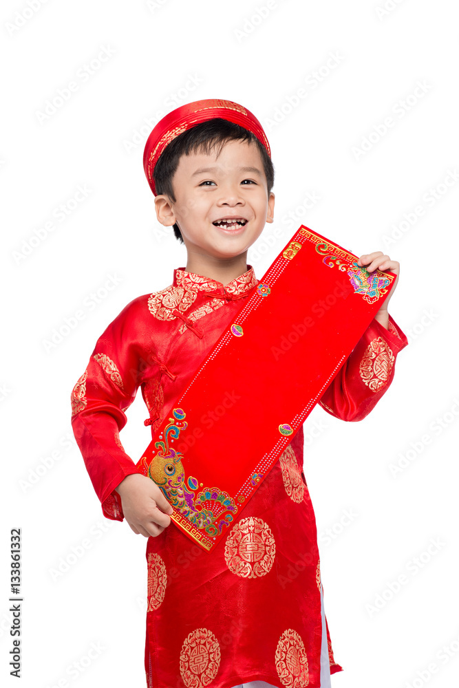 Vietnamese Boy Kid congratulating with his New Year. Happy Lunar Vietnamese Boy Kid congratulating with his New Year. Happy Lunar