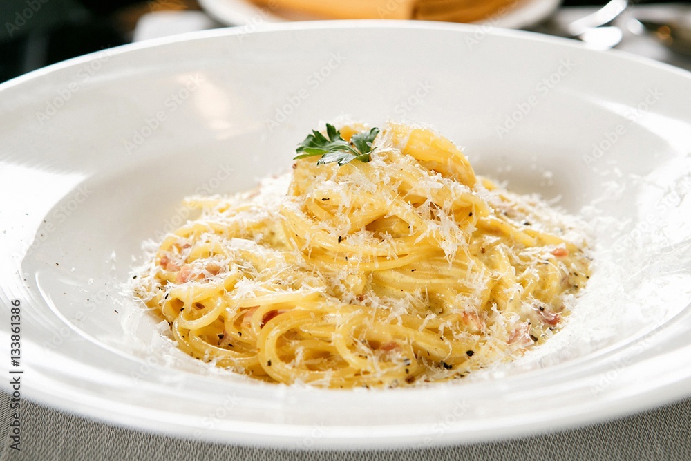 Spaghetti alla Carbonara on table Spaghetti alla Carbonara on table