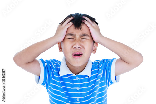 Photography Asian handsome boy have a headache. Isolated on white background