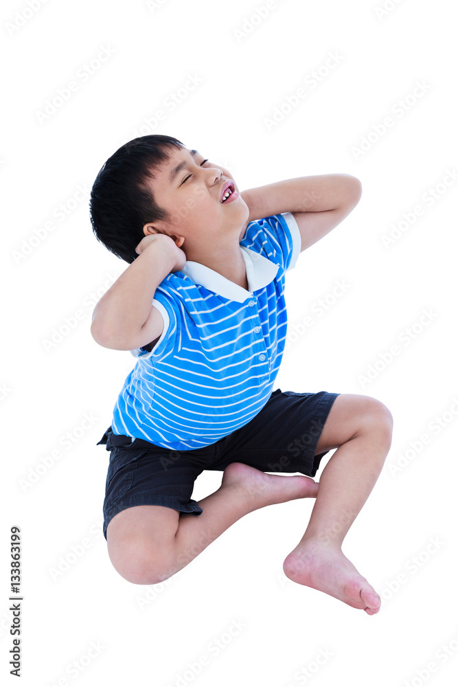 Asian handsome boy have a neck pain. Isolated on white background Asian handsome boy have a neck pain. Isolated on white background