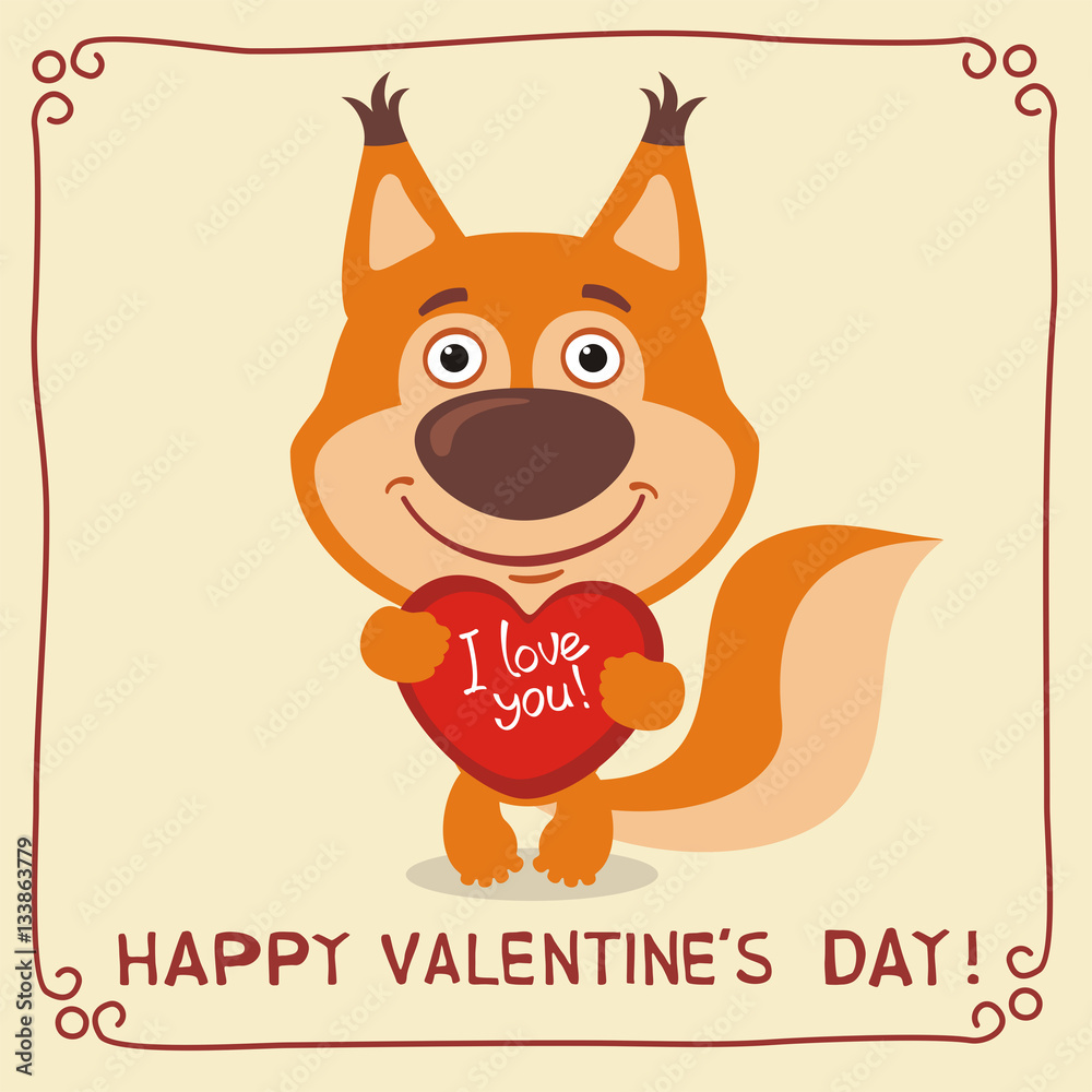 Happy Valentine's Day! I Love You! Funny squirrel with heart in hands.  Valentines day card with squirrel in cartoon style. Stock Vector | Adobe  Stock
