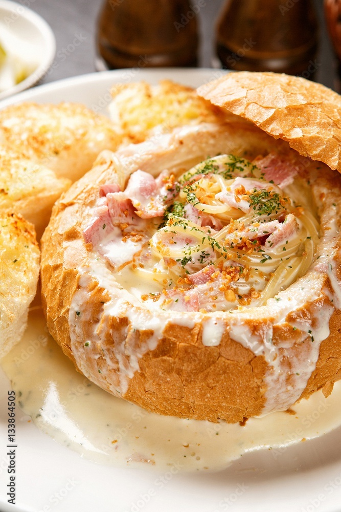 Pasta with Cream Sauce in Bread Pasta with Cream Sauce in Bread