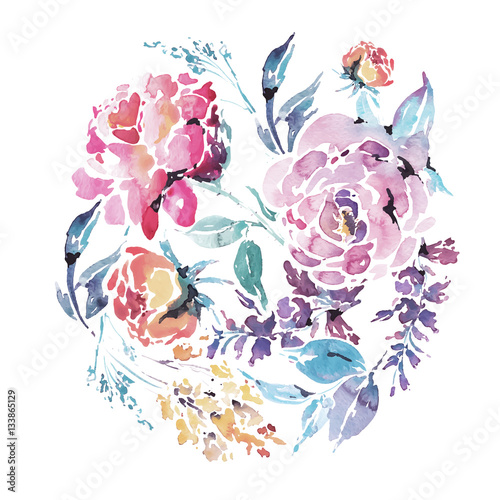 Vector watercolor floral round frame of red roses