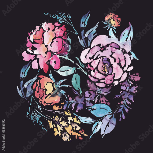 Vector watercolor floral round frame of red roses