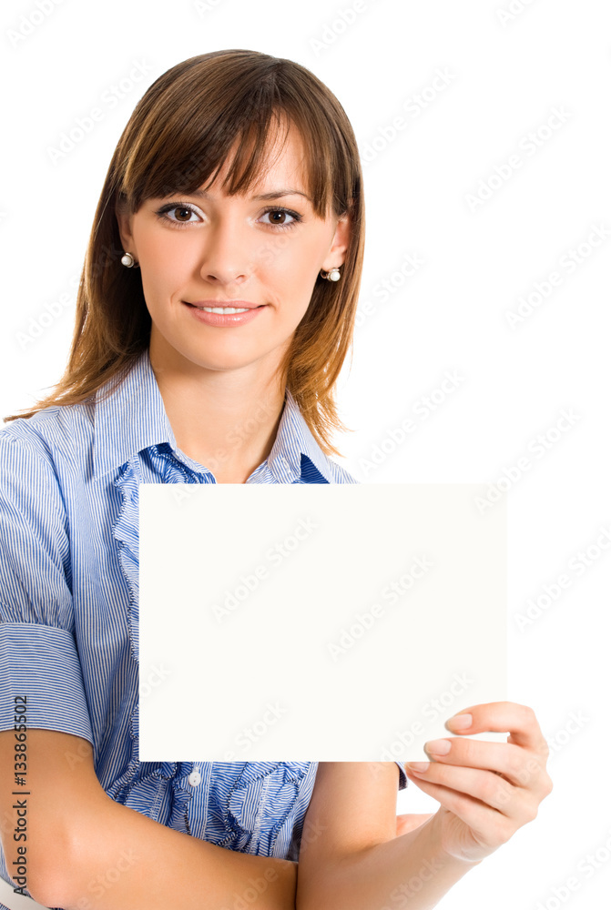 businesswoman showing signboard with copyspace businesswoman showing signboard with copyspace