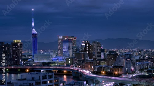 Time-lapse of Fukuoka tower and highway traffic
