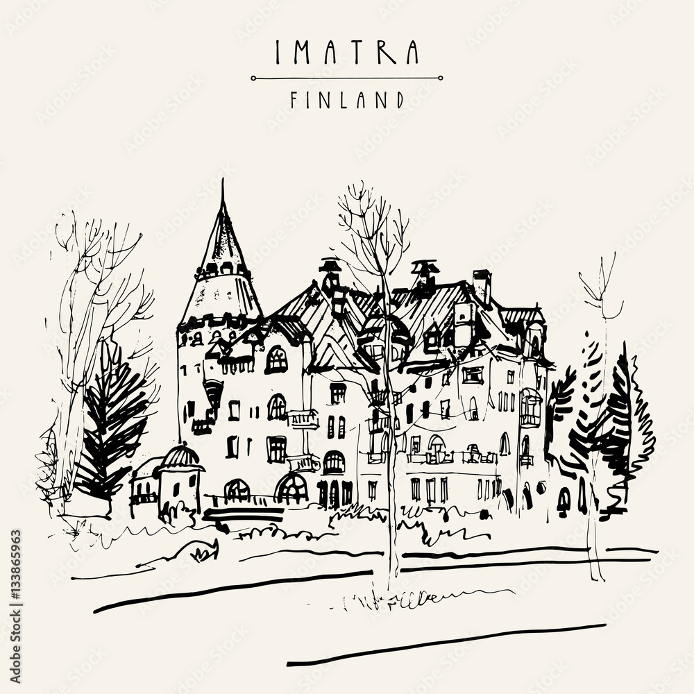 Imatra, Finland, Europe. Jugend style castle in a park. Travel sketch. Vintage hand drawn touristic postcard, poster, calendar or book illustration