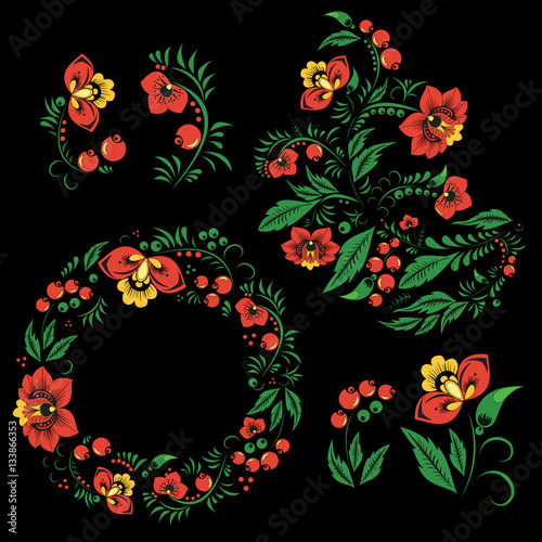 stock vector flowers and leaf. oriental or russian bouquet.