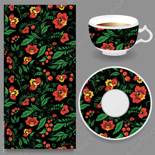 vector seamless orient floral pattern with cup and plate. russia