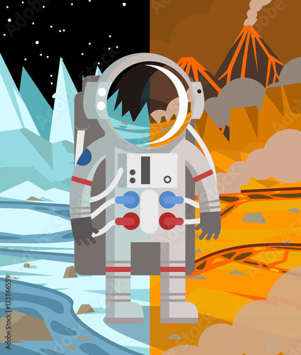 astronaut on hot and cold planet surfaces
