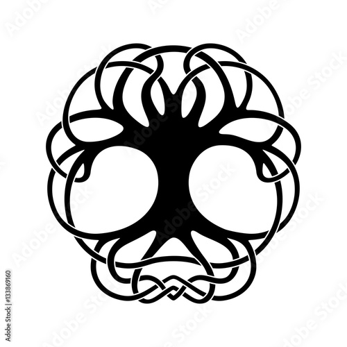 Celtic national ornament tree without leaves in the shape of a circle. Black ornament isolated on white background.