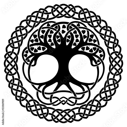 Celtic national ornament tree in the shape of a circle. Black ornament isolated on white background.