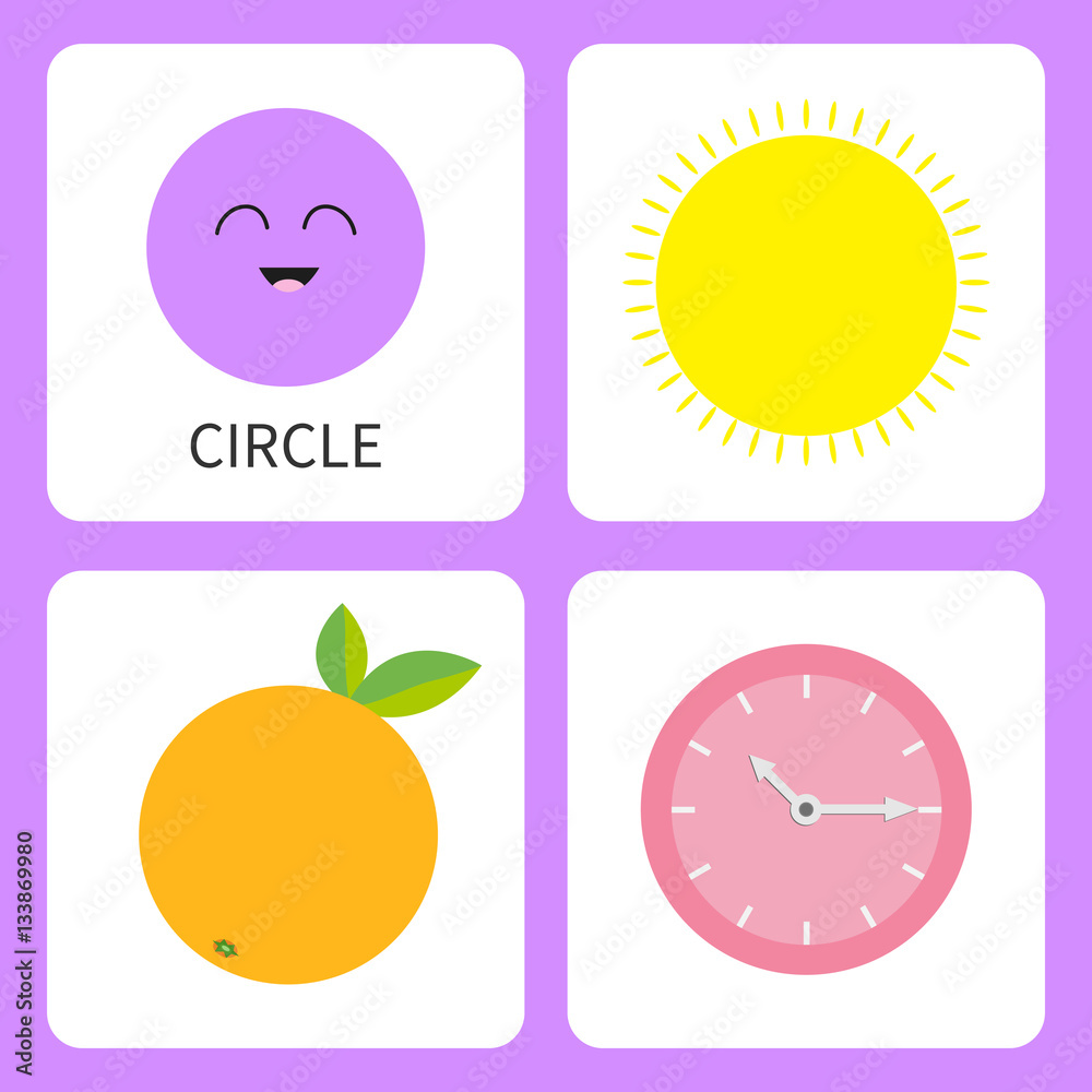Learning circle round form shape. Smiling face. Cute cartoon character. Sun, orange fruit with leaf, clock watch set. Educational cards for kids. Flat design. White background. Isolated.