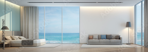 Sea view bedroom and living room in luxury beach house - 3D rendering