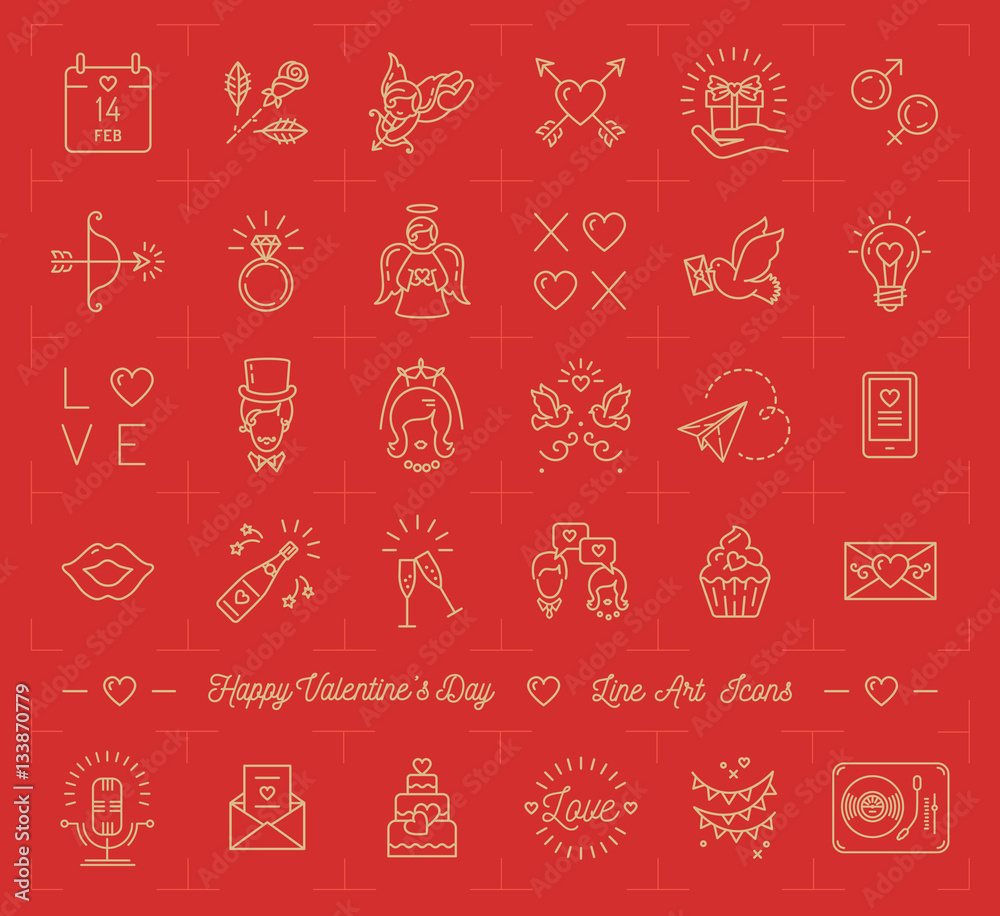 Valentine icon set, flat design line art thin style, Valentines day signs and love symbols. White mono icons on a red background, Vector illustration