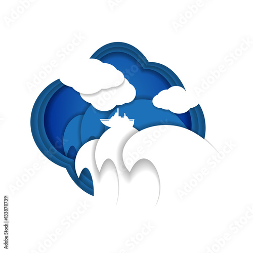 Vector background. The ship, waves and clouds