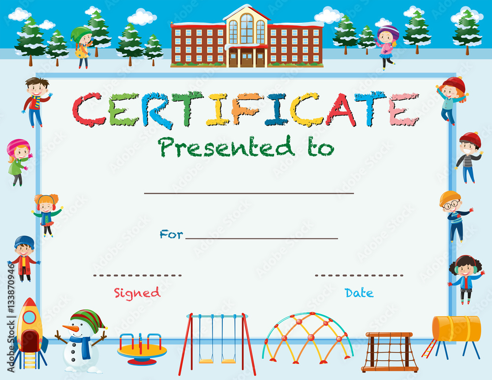 Certificate template with kids in winter at school