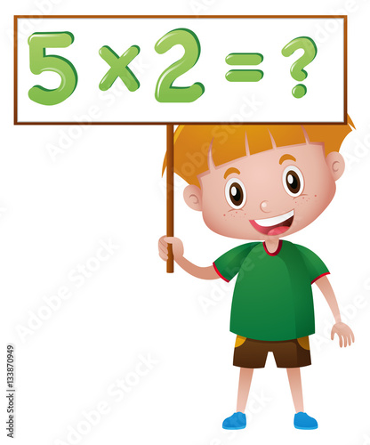 Boy holding board with math queation