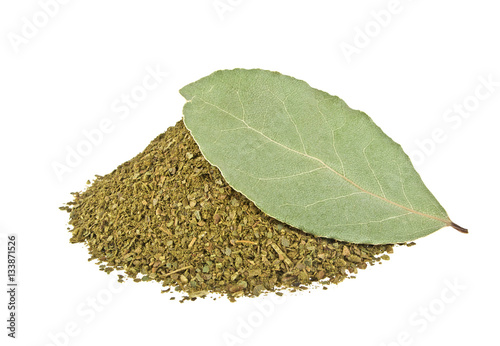 Bay leaf and crushed bay leaf isolated on white background