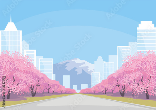 Beautiful spring city landscape with the blossoming Oriental cherry and skyscrapers. Vector background.