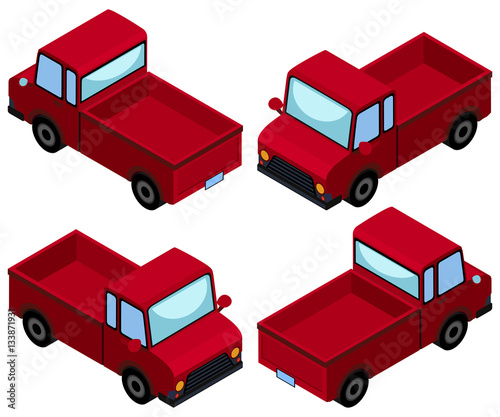 Red pick up trucks from four different angles