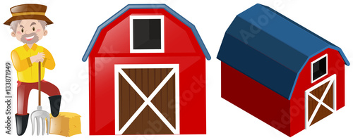 Farmer and two red barns