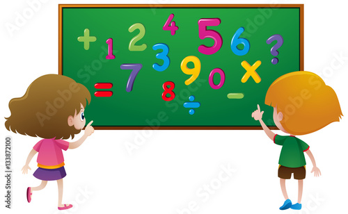 Two students counting numbers on board