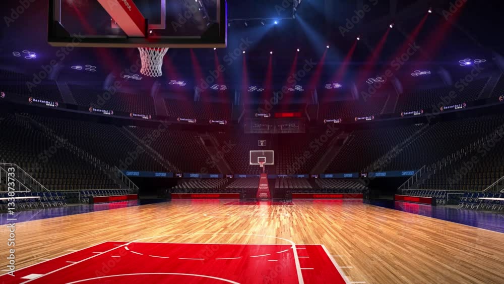 Basketball court without people fan. Sport arena. Ready to start championship. 3d render. Moving lights and flash