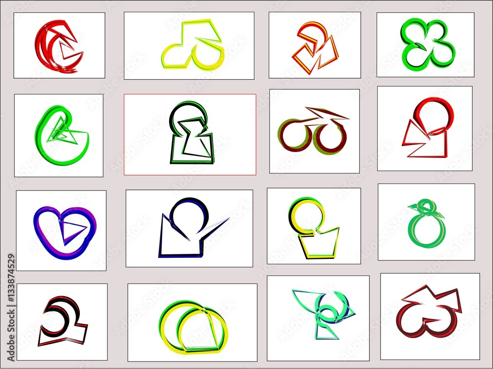 Sixteen color logos painted with one stroke of the pen. Colored stickers, there are three different colors in the form of a tape.