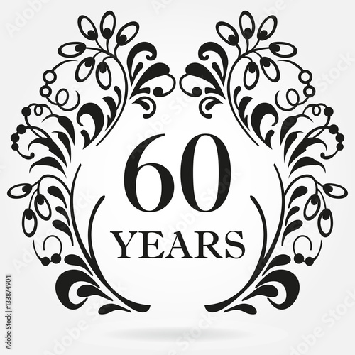 60 years anniversary icon in ornate frame with floral elements. Template for celebration and congratulation design. 60th anniversary label. Vector illustration.