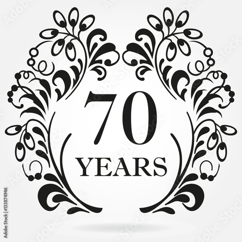 70 years anniversary icon in ornate frame with floral elements. Template for celebration and congratulation design. 70th anniversary label. Vector illustration.