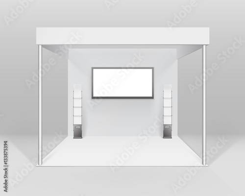 Vector White Blank Indoor Trade exhibition Booth Standard Stand for Presentation with Spotlight Screen Booklet Brochure Holder Isolated on Background