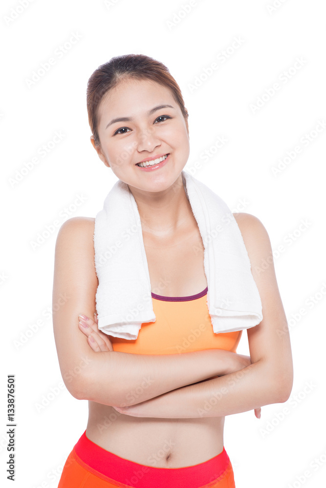 Portrait of fitness young asian woman with towel on white Portrait of fitness young asian woman with towel on white