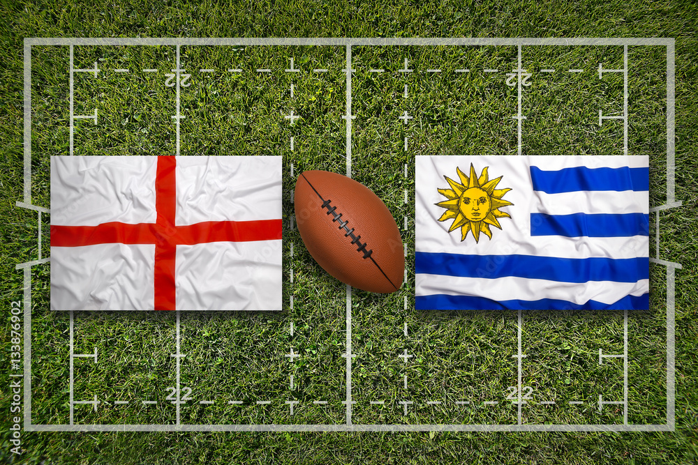 Obraz premium England vs. Uruguay flags on rugby field