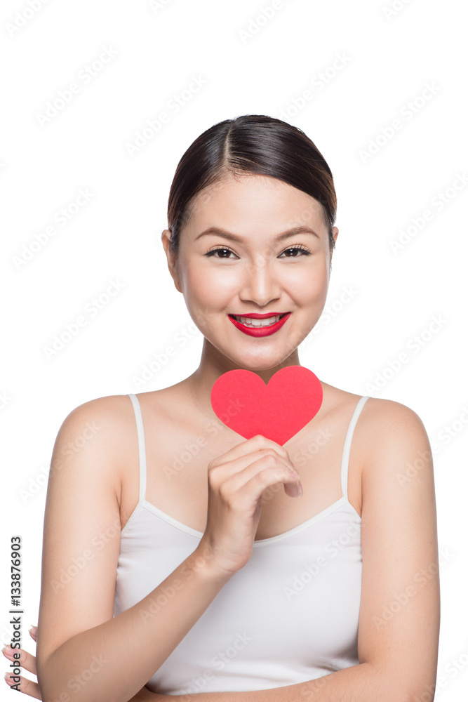 Cute attractive young woman with red heart. Valentine's day art Cute attractive young woman with red heart. Valentine's day art