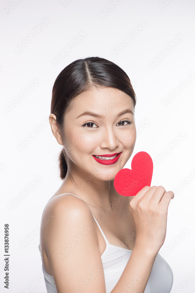 Cute attractive young woman with red heart. Valentine's day art Cute attractive young woman with red heart. Valentine's day art