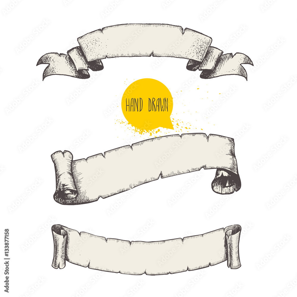 Hand drawn old ribbons set banners. Sketch style vector ilustration. Pirates scroll banners.