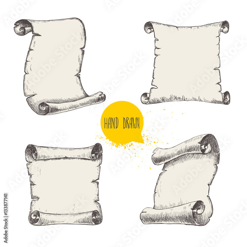 Old scrolls sketch style set on white background. Hand drawn sketch style vector illustration.