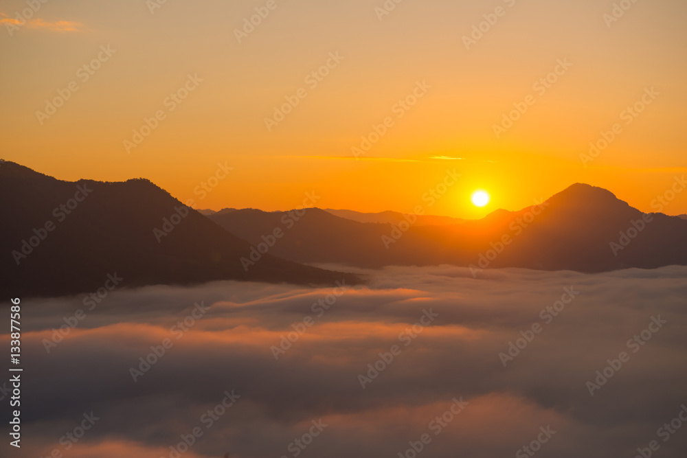 beautiful sunrise with mist in the morning at Phutok