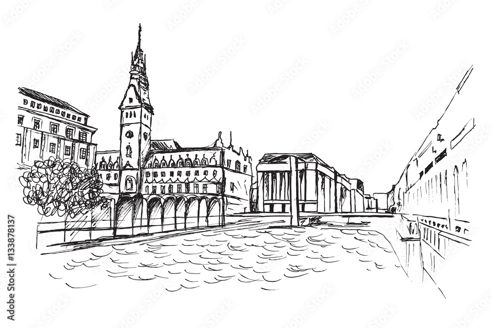Fototapeta premium Panorama Hamburga. Rysunek ręcznie rysowany na białym tle.