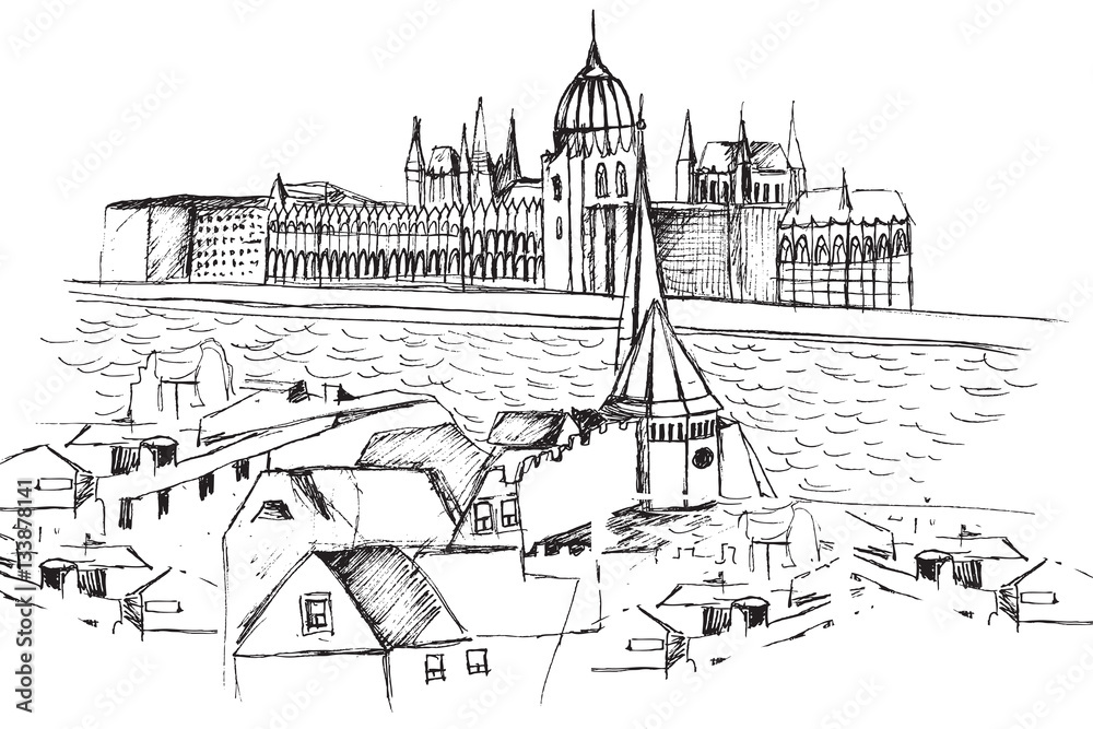 Fototapeta premium Panorama Budapeszu. Rysunek ręcznie rysowany na białym tle.