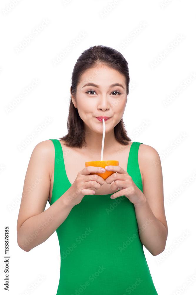 Beautiful asian girl with juice, isolated on white Beautiful asian girl with juice, isolated on white