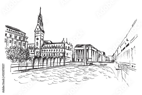 Panorama Hamburga. Rysunek ręcznie rysowany na białym tle.