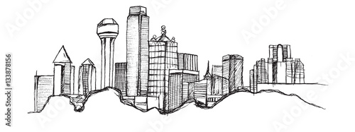Panorama miasta Dallas. Rysunek ręcznie rysowany na białym tle.